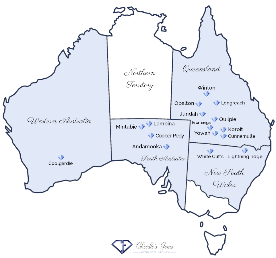 Carte des champs d'Opales en Australie