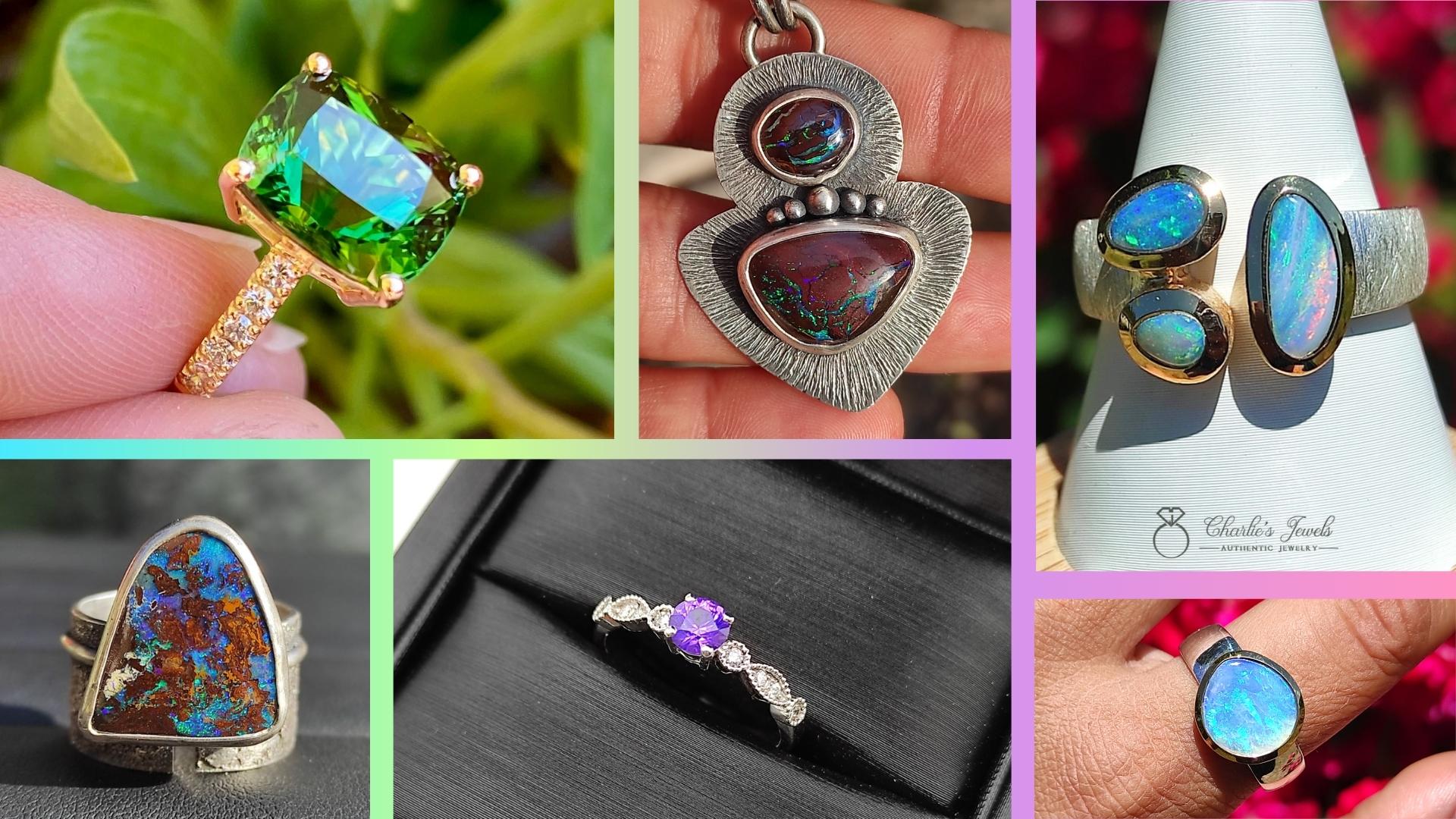 Gemmes et Opales de Charlie’s Gems montés en bijoux et métaux précieux par des créateurs français pour la collection Charlie’s Jewels